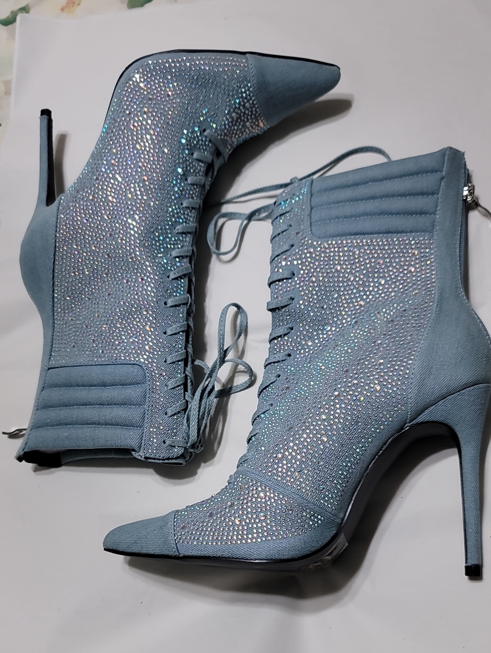Women’s Light Blue Denim Rhinestone Pointed Toe Lace-Up Stiletto Booties